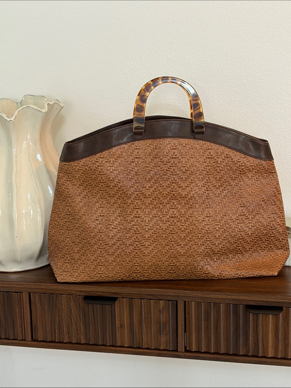 Woven Straw Tote with Tortoiseshell Handles and Brown Trim